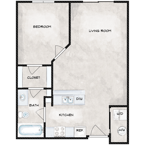 Floor plan for 1 bed, 1 bath, 565 sqft